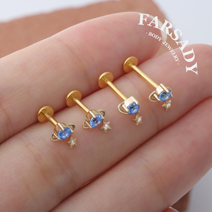 Aquamarine Planet - Solid 14K Gold Internally Threaded Stud / Fits Cartilage Helix Tragus Lobe Piercing