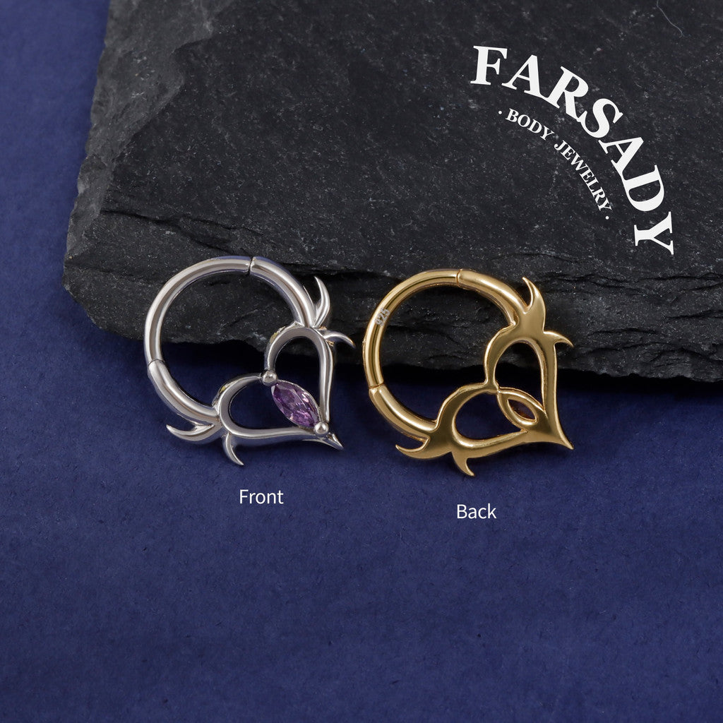 16G Heart Thorn Hinged Daith Earring Hoop, Gothic Purple CZ Septum Ring, Edgy Helix Tragus Conch Clicker  Sterling Silver, Original Design