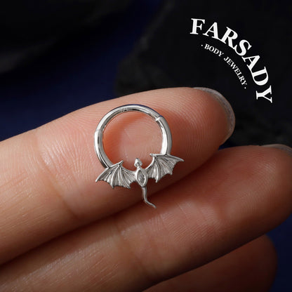 16G Flying Dragon Daith Hoop Earring| Sterling Silver Daith ewelry| Original Design Septum Clicker| Helix Piercing| Gothic Halloween Jewelry