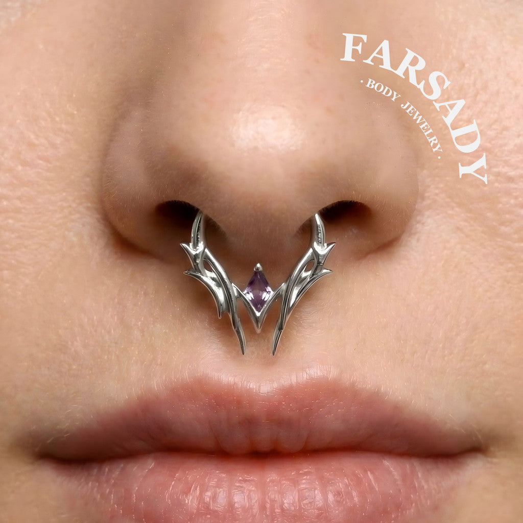Thorn Diamond Shape Amethyst CZ Septum Ring Sterling Silver Plated 18K Gold Alt Fashion Sharp Spike Daith Earring Helix Tragus Conch Hoop Daily Wear Gothic Gift Jewelry