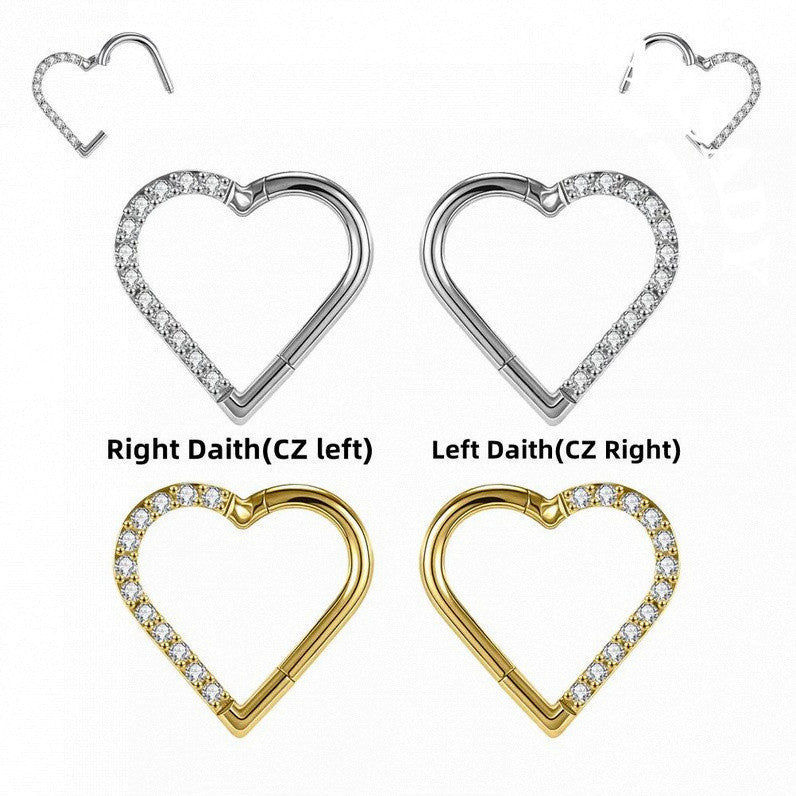 16G Titanium Heart CZ Daith Earring, 8mm Silver Helix Hoop Earring, Gold Cartilage Ring Clicker, Hinged  Left Right Ear Piercing