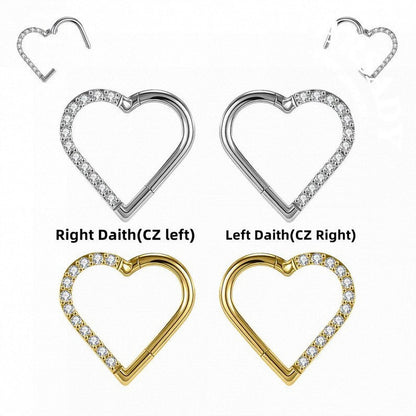 16G Titanium Heart CZ Daith Earring, 8mm Silver Helix Hoop Earring, Gold Cartilage Ring Clicker, Hinged  Left Right Ear Piercing