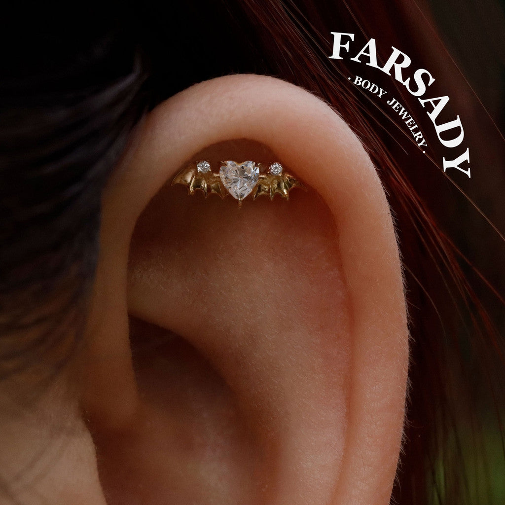 Bat Wing Heart Gem Flat Helix Threadless Stud: Sterling Silver Cartilage Earring, 18K Gold Plated Helix Conch Tragus Lobe Piercing Jewelry