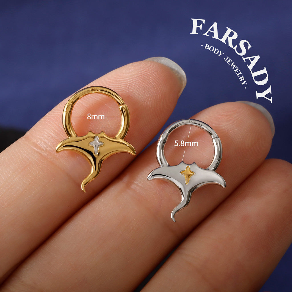 Manta Annulus - 925 Silver Hinged Clicker Hoop / Fits 16G Septum Ring Helix Conch Daith Earring