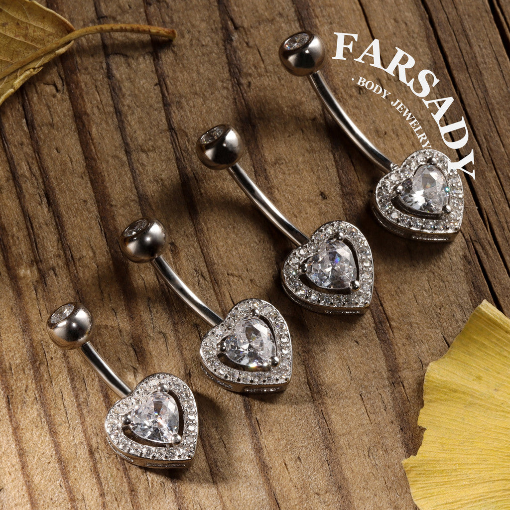 Embrace Heart - 925 Silver Clear CZ Belly Button Ring / Fits 14G Navel Piercing