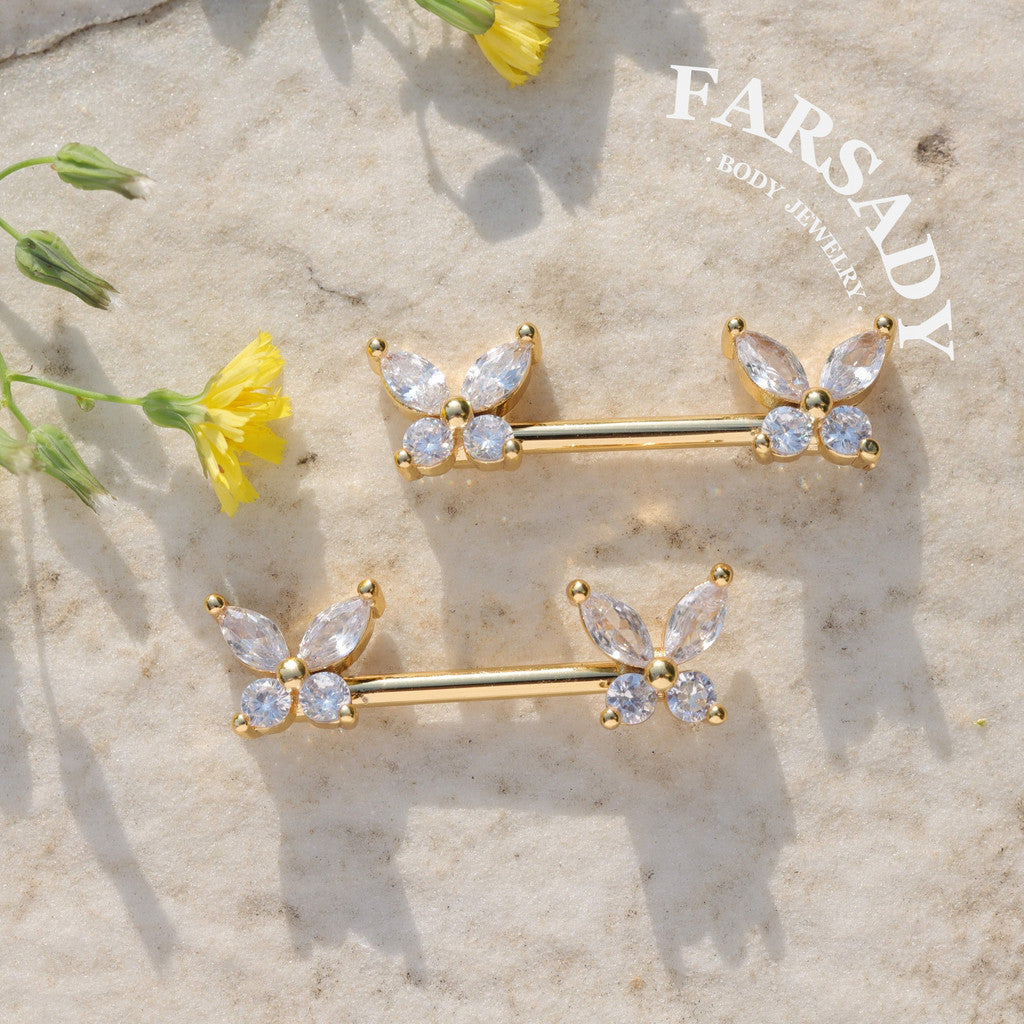 Crystal Butterfly - 2PCS Clear CZ Straight Barbell / Fits 16G Chest Piercing Nose Bridge
