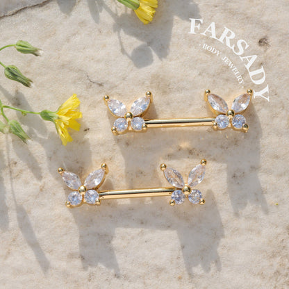 Crystal Butterfly - 2PCS Clear CZ Straight Barbell / Fits 16G Chest Piercing Nose Bridge