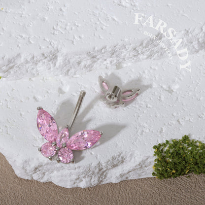 Twin Pink Butterfly Echo - 925 Silver Belly Button Ring / Fits 14G Navel Piercing