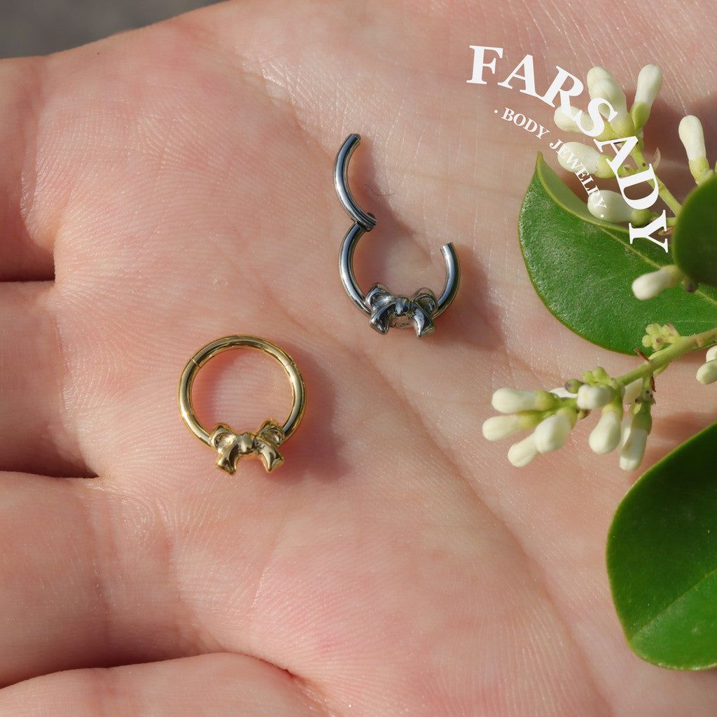 Silver Bow - ASTM F136 Titanium Hinged Clicker Hoop / Fits 16G Septum Ring Helix Conch Cartilage Earring