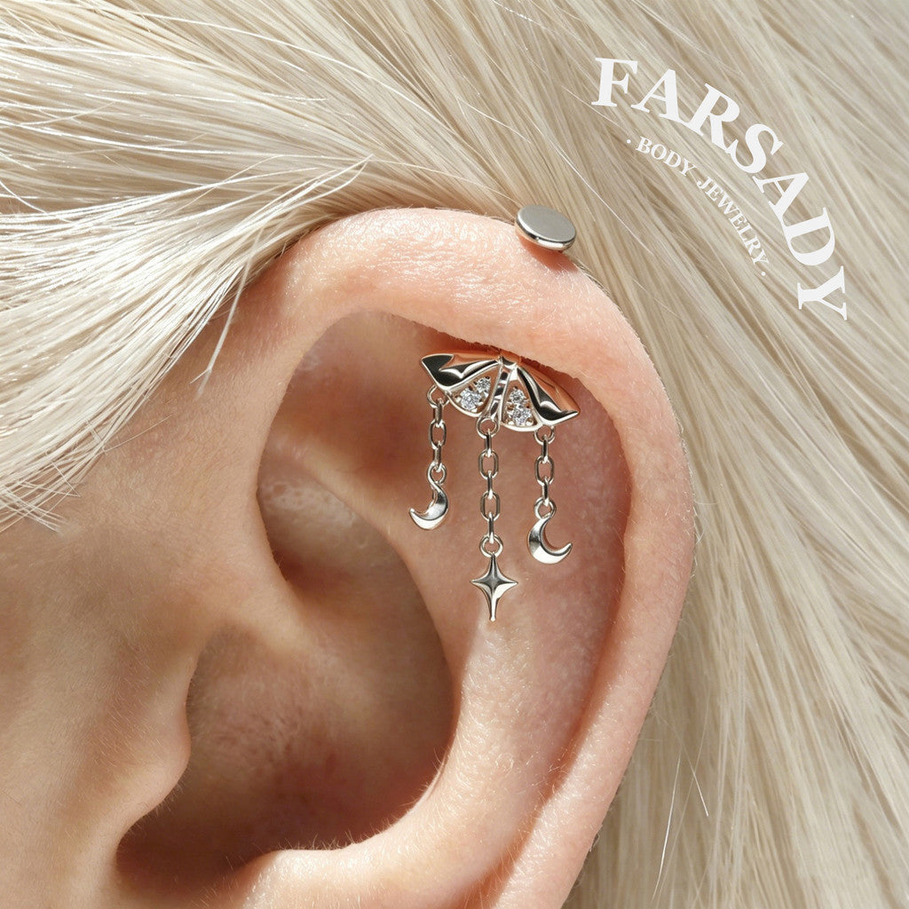 Lunar Moth - 925 Silver Threadless Stud / Fits Vertical Helix Hidden Rook Earring