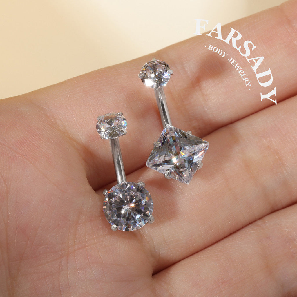 Square & Round Twin - F136 Titanium Internally Threaded Belly Button Ring / Fits 14G Navel Piercing