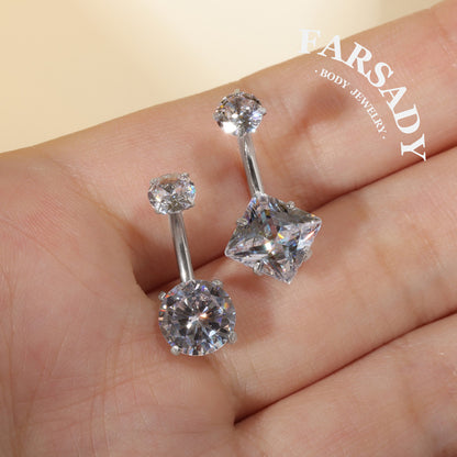 Square & Round Twin - F136 Titanium Internally Threaded Belly Button Ring / Fits 14G Navel Piercing