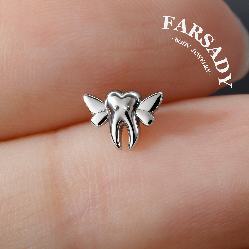 Tooth Wing - 925 Silver Threadless Stud / Fits Cartilage Helix Tragus Lobe Earring