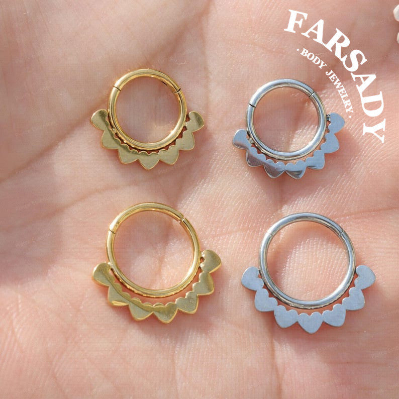 FARSADY Body Jewelry 16G Stainless Steel Love Heart Septum Ring, 8mm 10mm Silver CZ Helix Hoop Earring, Gold Conch Ring Clicker, Hinged Earrings Piercing Jewelry