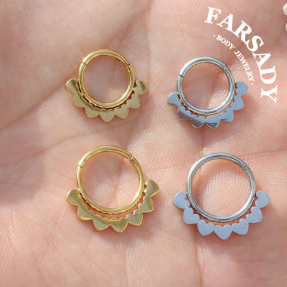 FARSADY Body Jewelry 16G Stainless Steel Love Heart Septum Ring, 8mm 10mm Silver CZ Helix Hoop Earring, Gold Conch Ring Clicker, Hinged Earrings Piercing Jewelry