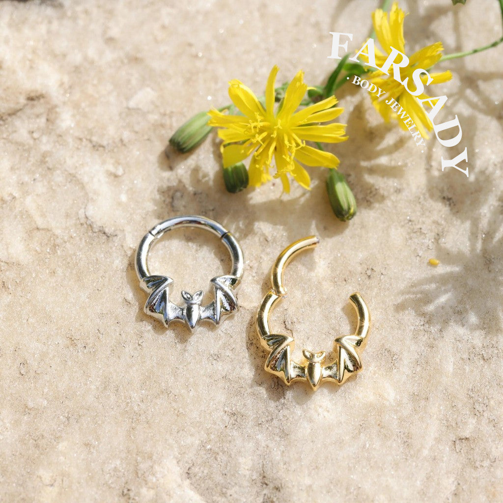 16G Bat Septum Ring Hinged Daith Earring Shine Nostril Clicker Nose Hoop Silver Gold Black Colors Daily Wear Piercing Jewelry Individually Packaged Gift for Her