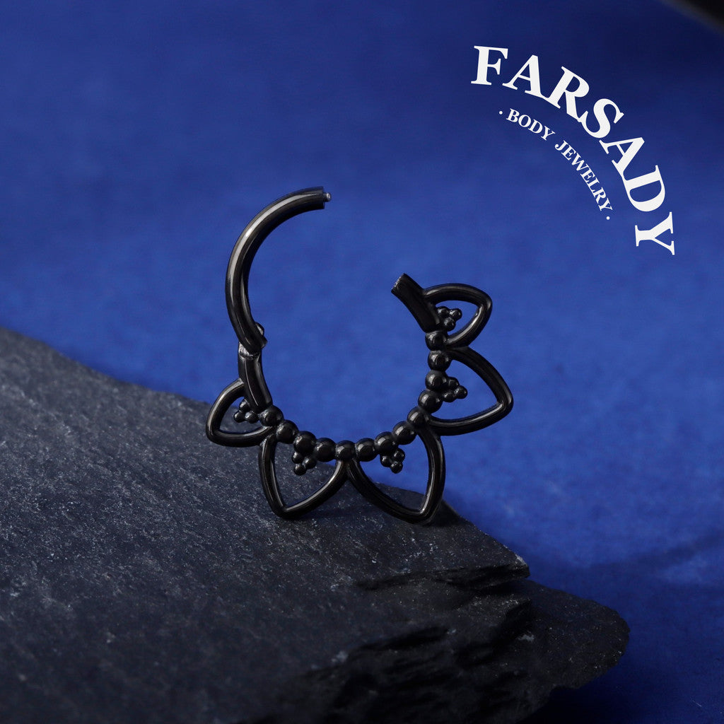 Gothic Black Steel Septum Ring 16G | Clicker Hoop for Nose or Daith Piercing | Flower Design | 1.2×8mm & 10mm | Unisex Jewelry