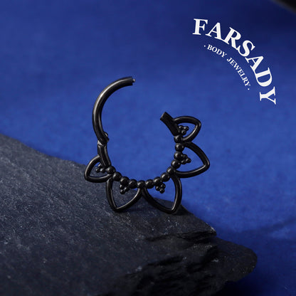 Gothic Black Steel Septum Ring 16G | Clicker Hoop for Nose or Daith Piercing | Flower Design | 1.2×8mm & 10mm | Unisex Jewelry
