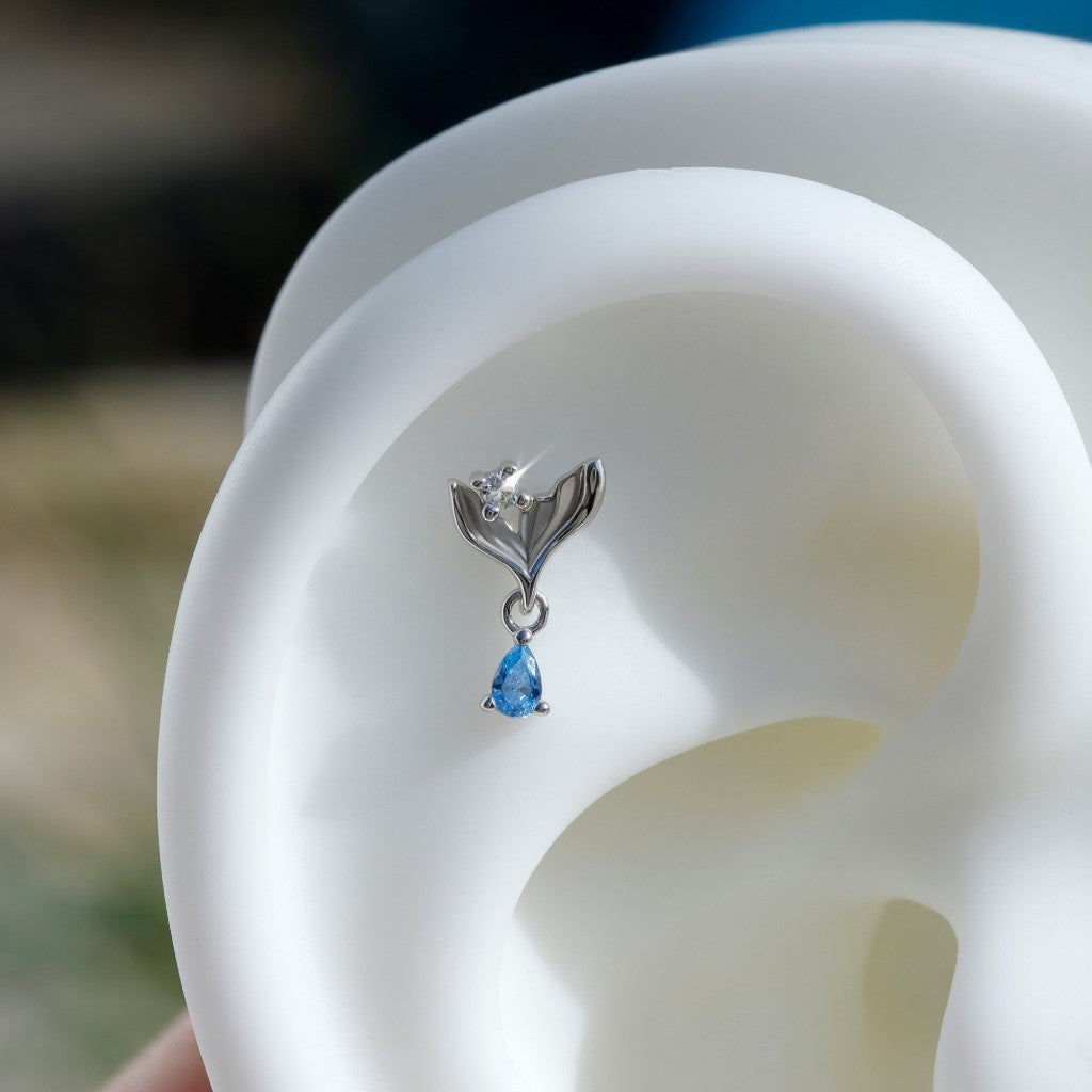 Mermaid Legend Helix Stud Earring with Blue CZ Dangle, Sterling Silver Tragus Lobe Conch Piercing Jewelry, Titanium Flat Back Ear Stack