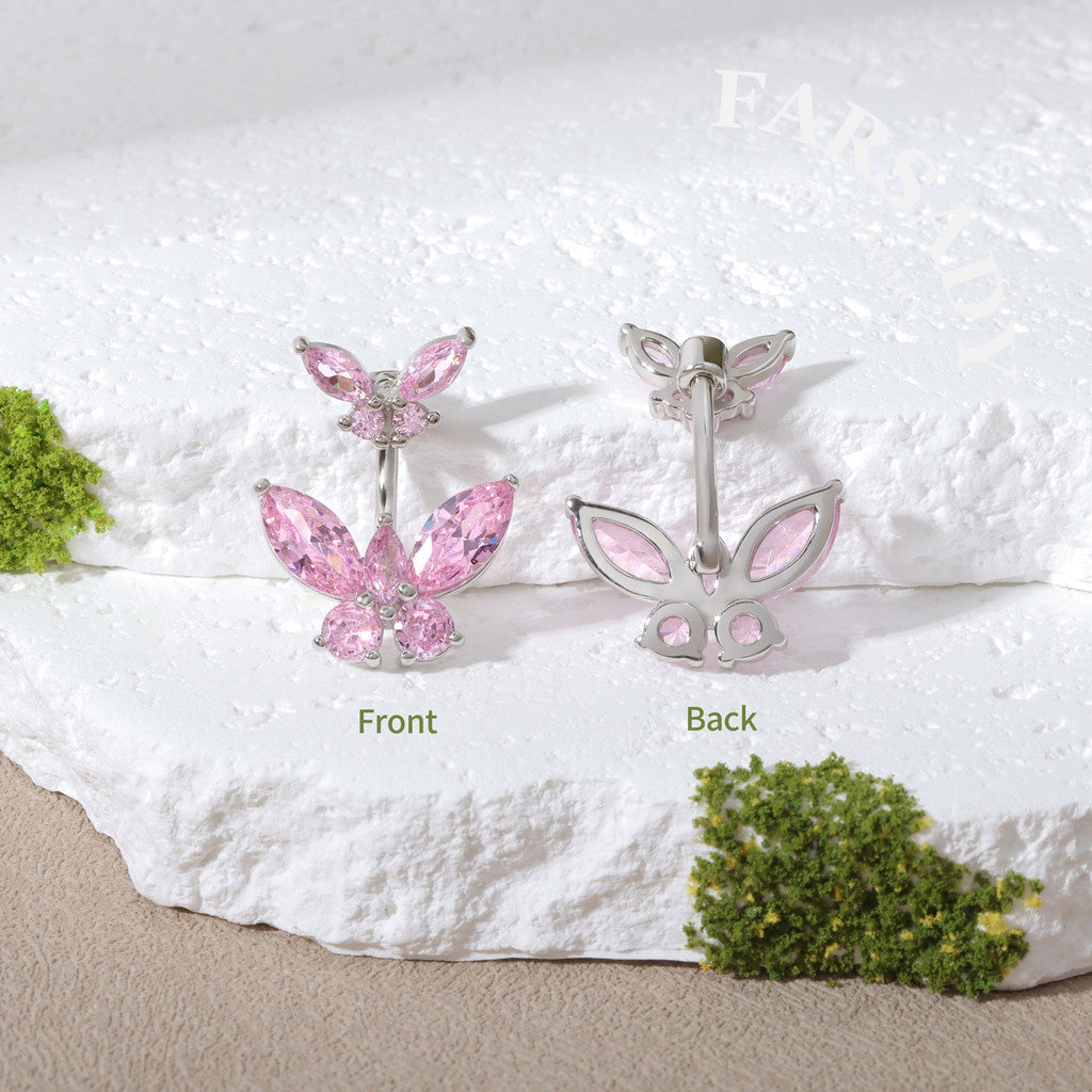 Twin Pink Butterfly Echo - 925 Silver Belly Button Ring / Fits 14G Navel Piercing