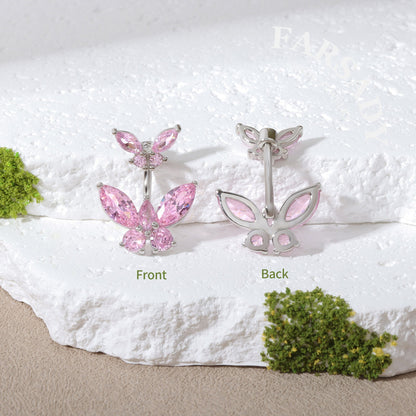 Twin Pink Butterfly Echo - 925 Silver Belly Button Ring / Fits 14G Navel Piercing