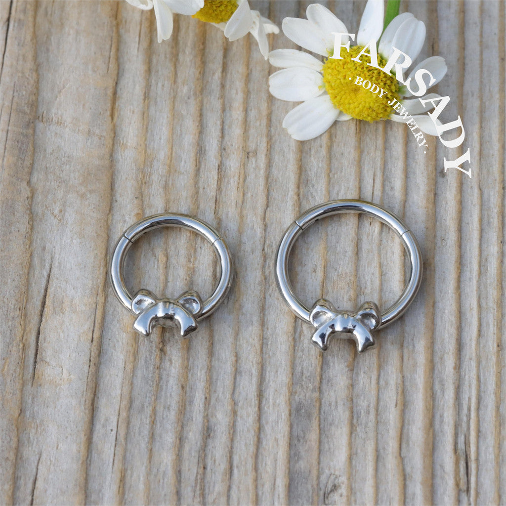 Silver Bow - ASTM F136 Titanium Hinged Clicker Hoop / Fits 16G Septum Ring Helix Conch Cartilage Earring