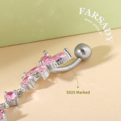 Pink Butterfly Trail - 925 Silver Pink CZ Belly Button Ring / Fits 14G Navel Piercing