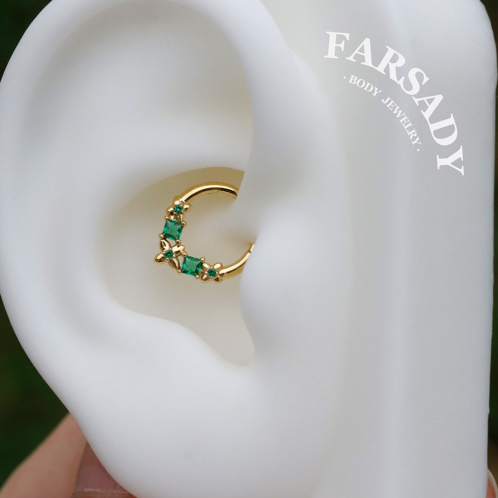 Sterling Silver Flower Green Zircon Daith Hoop Earrings Handmade Daith Piercing Jewelry Hinged Septum Ring Unique Helix Tragus Lobe Cartilage Earrings Daily Wear Gift for Her