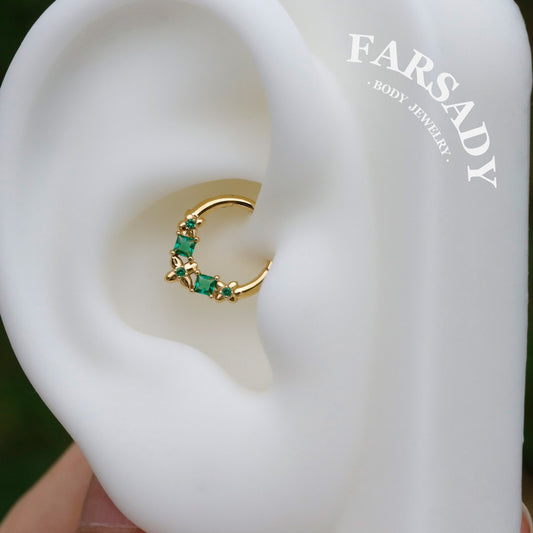 Sterling Silver Flower Green Zircon Daith Hoop Earrings Handmade Daith Piercing Jewelry Hinged Septum Ring Unique Helix Tragus Lobe Cartilage Earrings Daily Wear Gift for Her