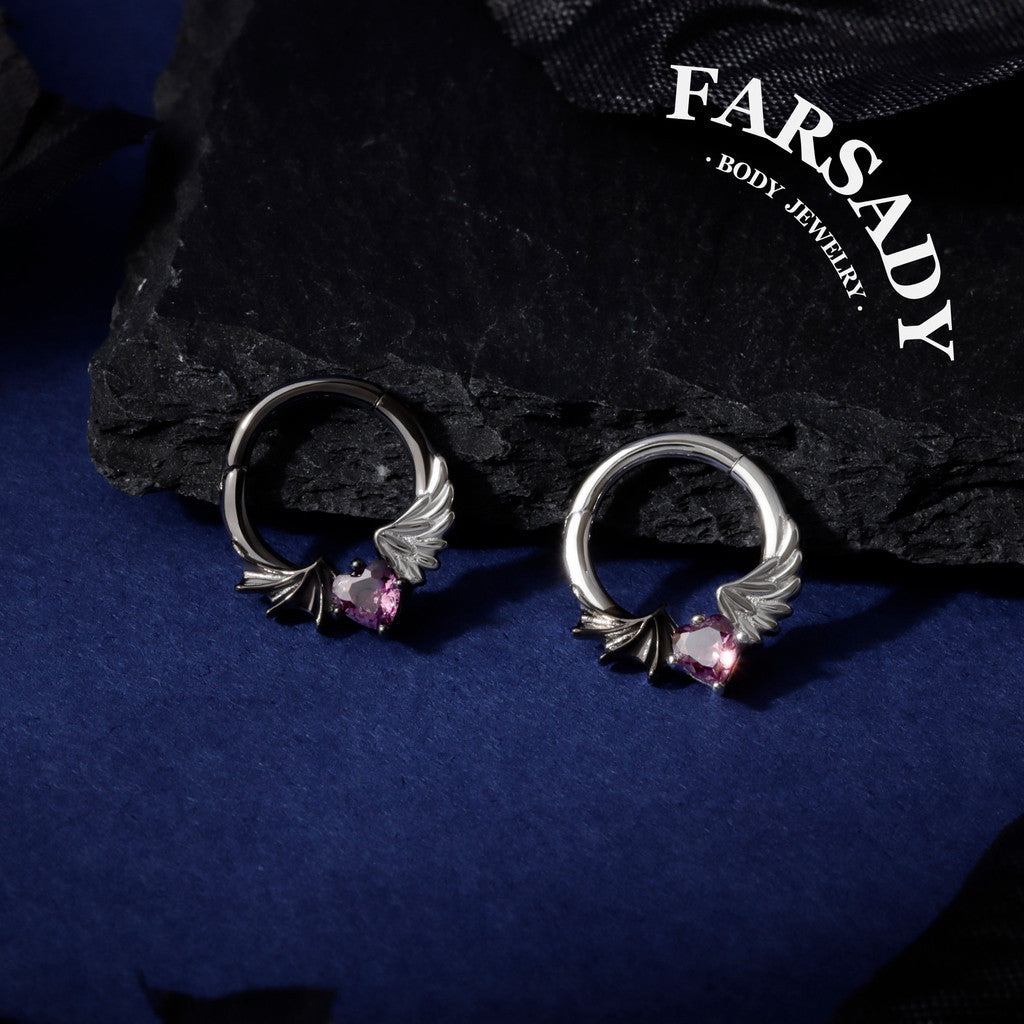 S925 Silver Purple CZ Heart Septum Ring 16G Angel Devil Design Hinged Daith Ear Hoop Gothic Style Body Piercing Jewelry