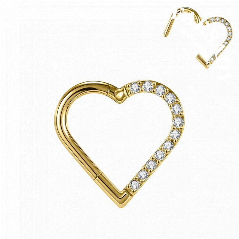 16G Titanium Heart CZ Daith Earring, 8mm Silver Helix Hoop Earring, Gold Cartilage Ring Clicker, Hinged  Left Right Ear Piercing