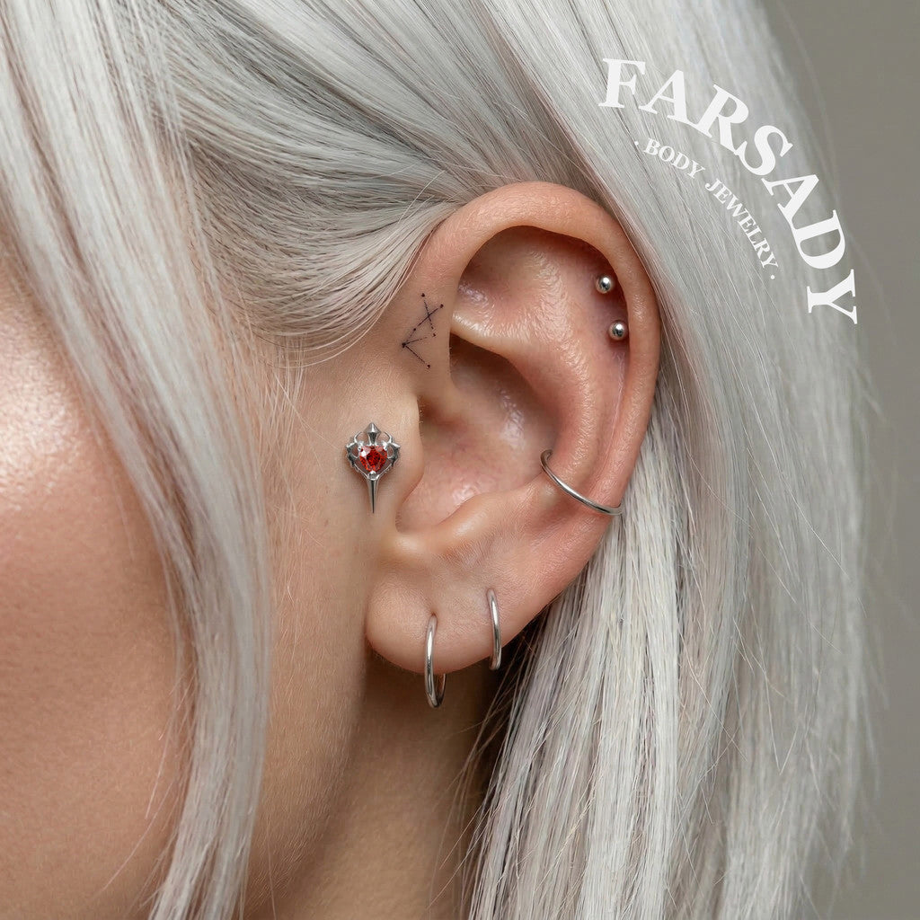 Sterling Silver Flame Red Heart Sword Threadless Helix Stud• 925 Silver & F136 Titanium Earrings• Romantic Gothic Jewelry•Flat Back Cartilage Tragus Jewelry