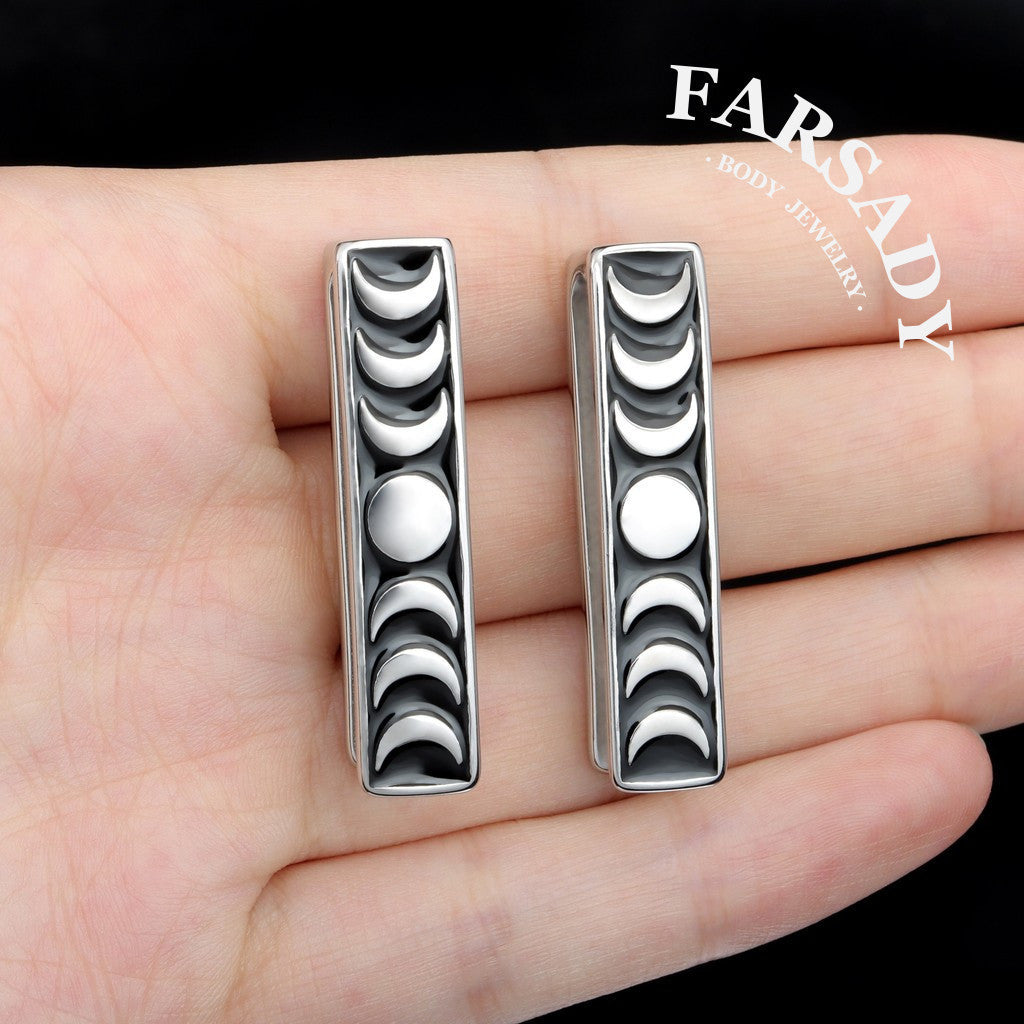 Moon Phase Ear Weights 0G 7mm Silvery Steel Ear Hanger Ear Stretched Jewelry Weighted Dangle Lobe Weights Piercing Ear Plug Gauges Ear Expander Fashion Body Jewelry