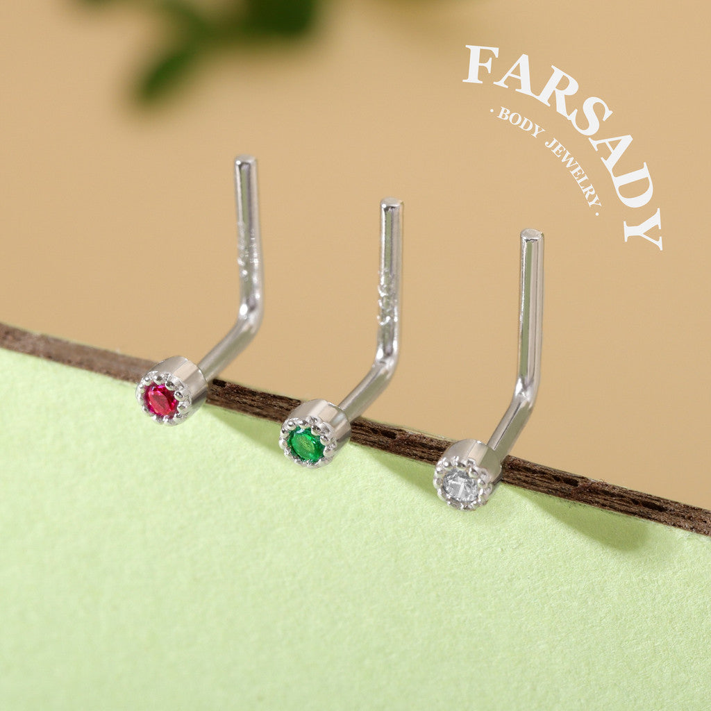 Colored Bezel Round CZ - 925 Silver L-Shape Stud / Fit 20G Nose Piercing