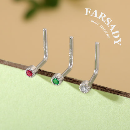Colored Bezel Round CZ - 925 Silver L-Shape Stud / Fit 20G Nose Piercing
