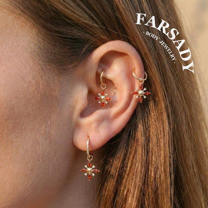 Amber Compass Star - F136 Titanium Red CZ Dangle Charm / Interchangeable Hoop Earring Pendant for Helix Daith Cartilage Piercing