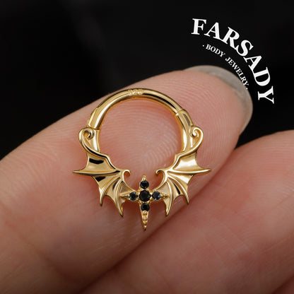 Obsidian Wing - 925 Silver CZ Hinged Clicker Hoop / Fits 16G Septum Ring Helix Conch Daith Earring