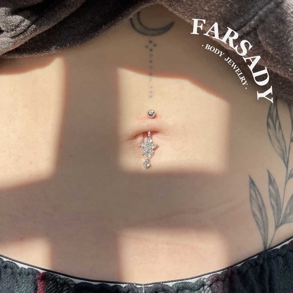 Snowflake Dew Trail - 925 Silver Clear CZ Belly Button Ring / Fits 14G Navel Piercing