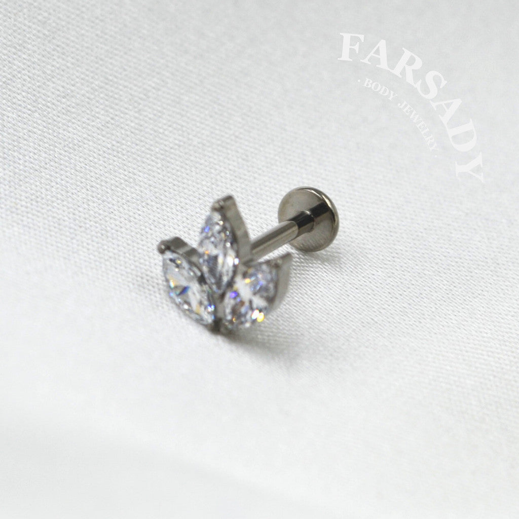 Three Marquise Leaf - F136 Titanium Internally Threaded Stud / Fits Cartilage Helix Tragus Lobe Nostril Piercing