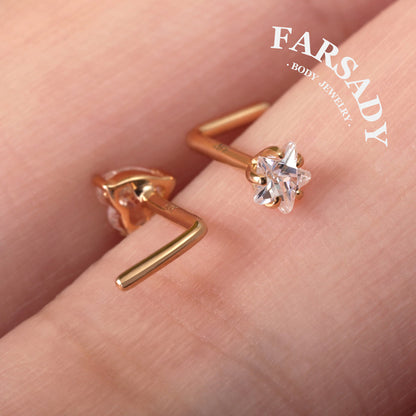 Minimal Heart & Star CZ - Solid 14K Gold L-Shape Stud / Fit 20G Nostril Piercing