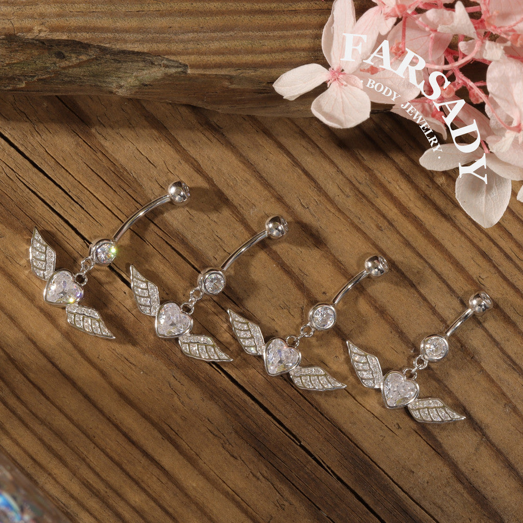 Winged Heart Drift - 925 Silver Clear CZ Belly Button Ring / Fits 14G Navel Piercing