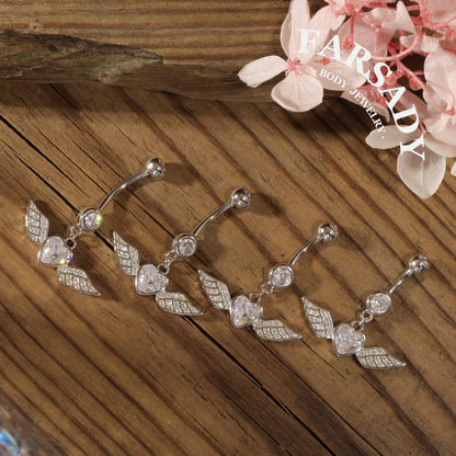 Winged Heart Drift - 925 Silver Clear CZ Belly Button Ring / Fits 14G Navel Piercing