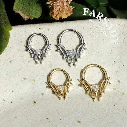 16G Thron Theme Septum Ring with Triangle Stone: Original Design Daith Earring Hoop, 8/10mm Hinged Septum Clicker, 316L Steel Nose Ring Hoop