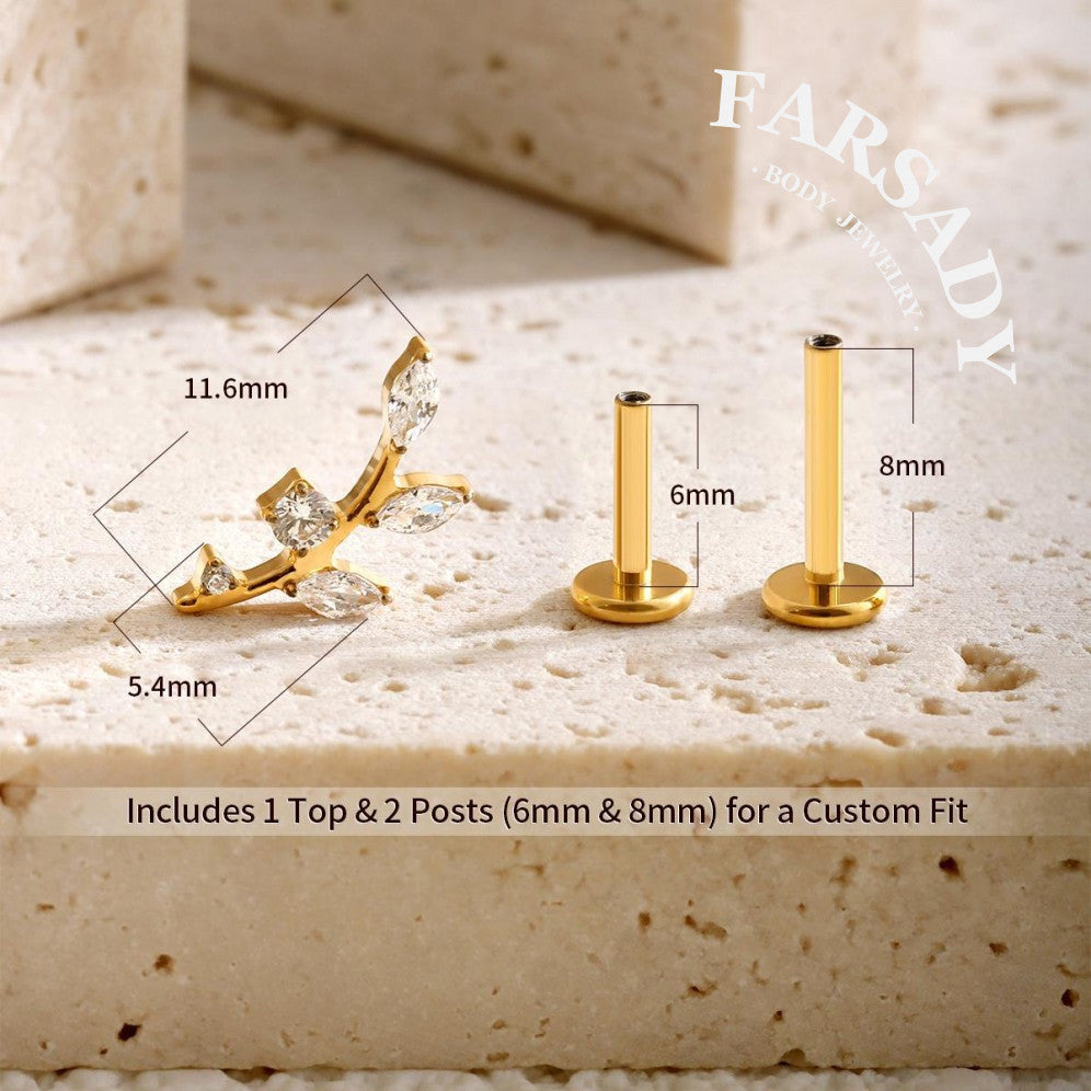 16G Titanium Flat Back Earrings for Women Conch/Helix/Foward Helix/Tragus/Hypoallergenic Piercing Jewelry Internal Thread Cartilage Stud Gold Silver CZ Branch Earrings