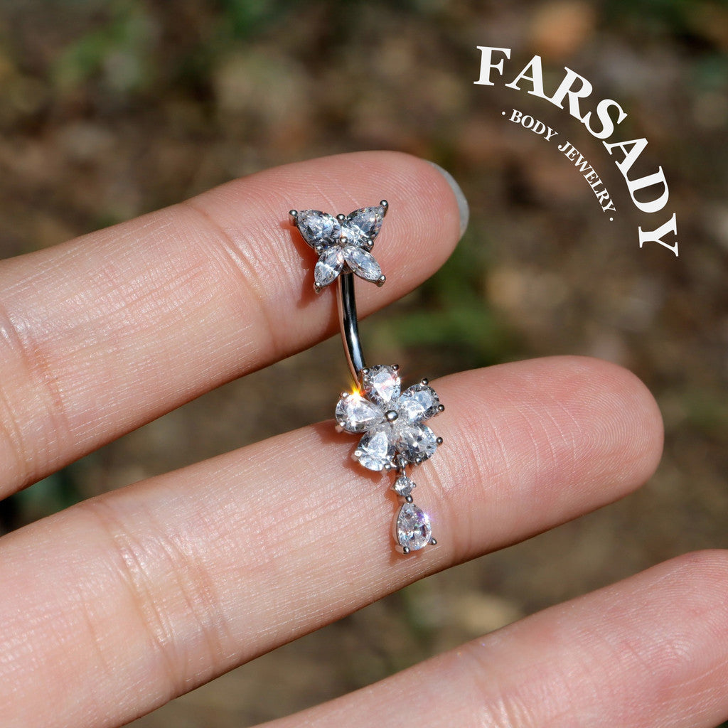 14G Belly Button Ring – 925 Silver 18K Gold Plated| Clear CZ Flower Butterfly Dangle Bar| Hypoallergenic Navel Piercing Jewelry| Waterproof