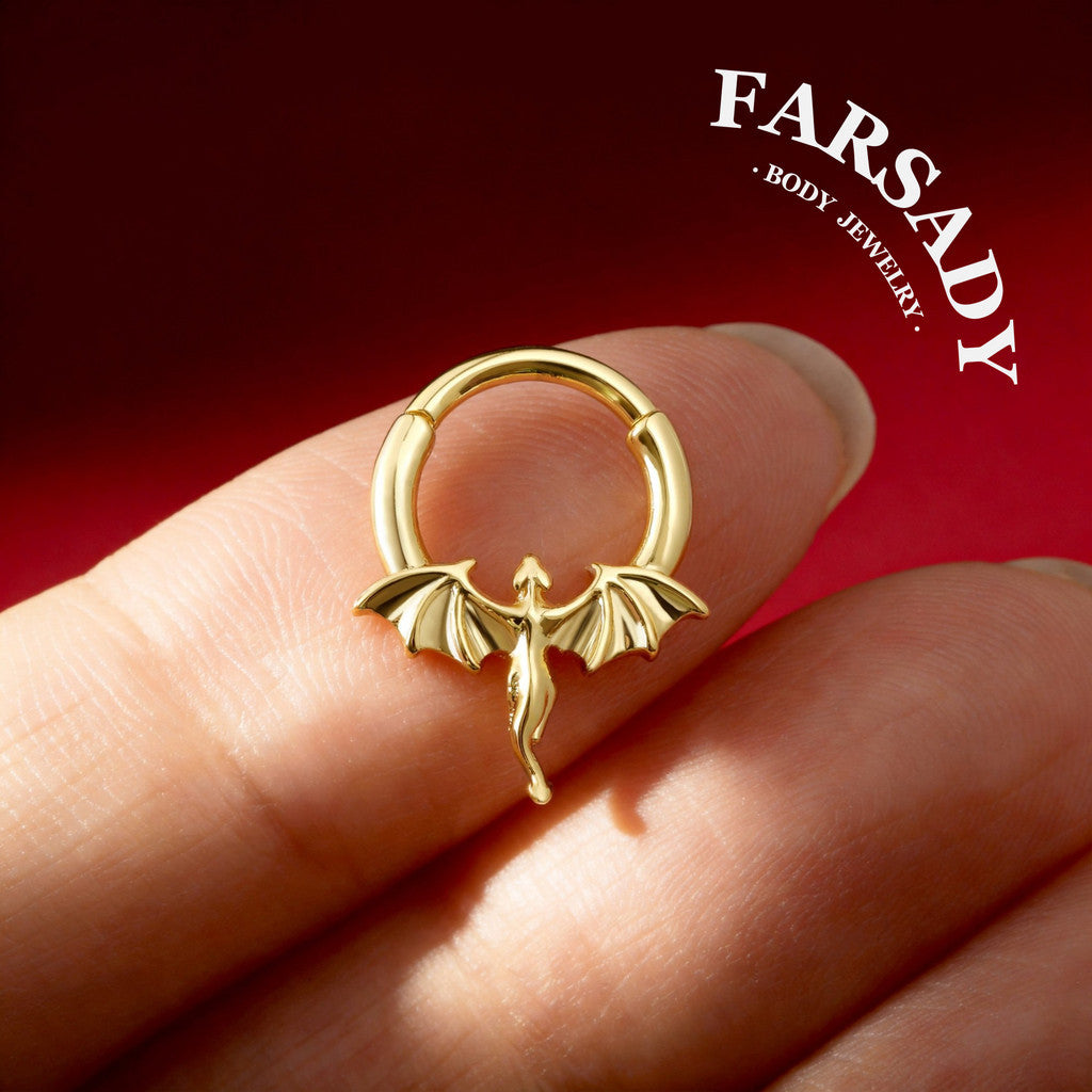 Flying Dragon - 316L Hinged Clicker Hoop / Fits 16G Septum Ring Helix Conch Cartilage Earring