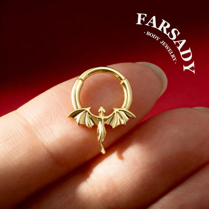 Flying Dragon - 316L Hinged Clicker Hoop / Fits 16G Septum Ring Helix Conch Cartilage Earring