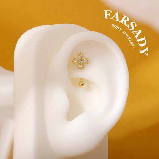 Four-Petal Star Cross - 316L Clear CZ Curved Barbell / Fits 16G Rook Daith Earring Lip Eyebrow Cartilage Piercing