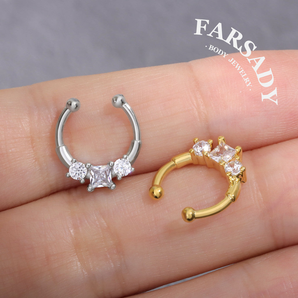 Square Star Duo - 316L Fake Nose Ring C-Hoop Piercing / Fit Non-Pierced Septum Ring