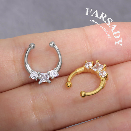 Square Star Duo - 316L Fake Nose Ring C-Hoop Piercing / Fit Non-Pierced Septum Ring